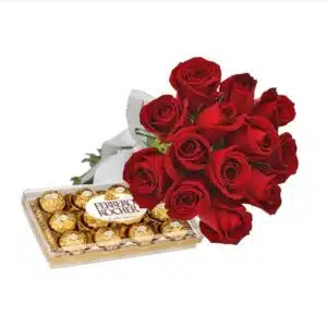 Buquê 12 rosas com laço + Ferrero Rocher