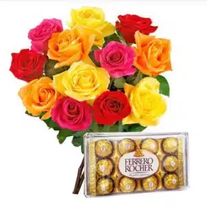 Buquê com 12 rosas coloridas + Ferrero Rocher