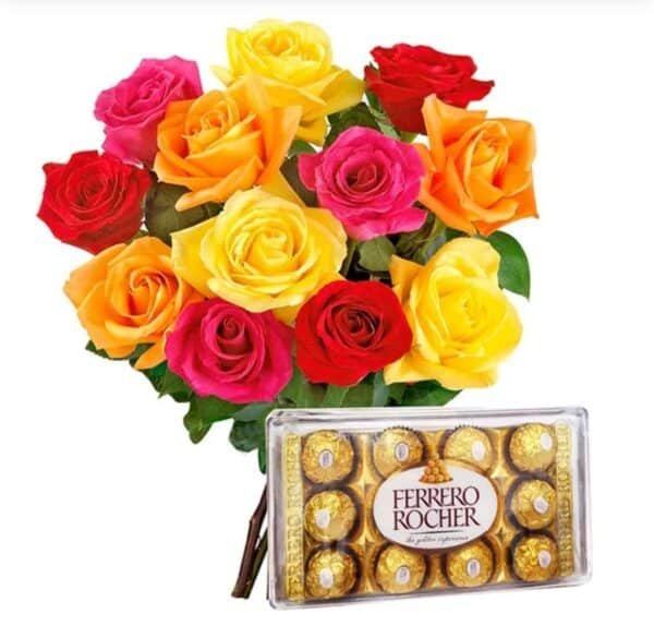 Buquê com 12 rosas coloridas + Ferrero Rocher