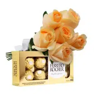 Buquê 6 rosas na cor champanhe + Ferrero Rocher
