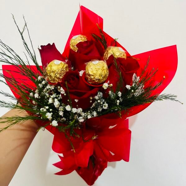 Buquê rosas e chocolates